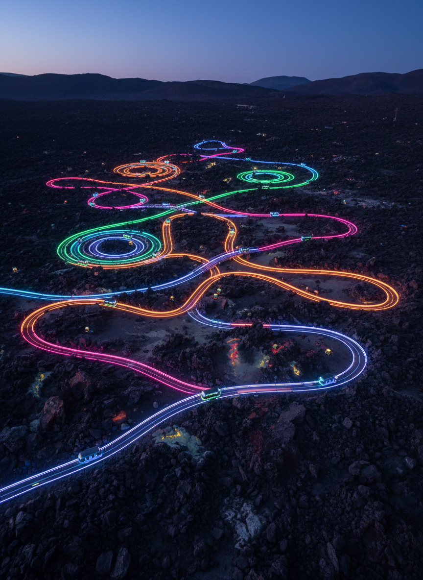 An overhead bird’s-eye view of a tangled, playful network of luminous roads forming a glowing map on dark volcanic terrain, each path in a different neon color twisting into unexpected loops and spirals. Tiny, stylized, driverless mini-campers and cable cars glide along the routes, leaving faint light trails behind them. The scene is lit like twilight, with a deep blue sky barely visible at the edges and the roads providing most of the illumination, casting colorful reflections on the rugged rock. Photographic realism mixed with subtle sci‑fi flair creates an energetic, futuristic mood, capturing the concept of wildly unconventional, choose-your-own-adventure style trips.