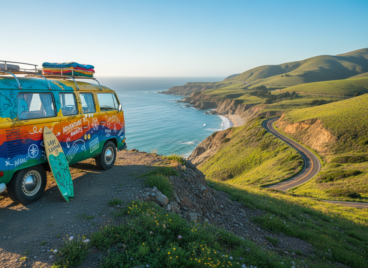 A vibrantly painted vintage camper van, covered in playful hand-drawn maps, doodled arrows, and quirky travel stickers, parked at the edge of a dramatic coastal cliff. The turquoise ocean stretches into the distance under a clear sky, with winding roads snaking through rolling green hills below. Soft golden hour sunlight wraps the van in warm highlights, casting long whimsical shadows on the rocky ground. Shot at eye level with a wide-angle lens, the composition uses rule of thirds, with the van on one side and sweeping landscape on the other. The photographic realism emphasizes bold, saturated colors and a lively, adventurous mood that feels spontaneous and different from typical travel scenes.