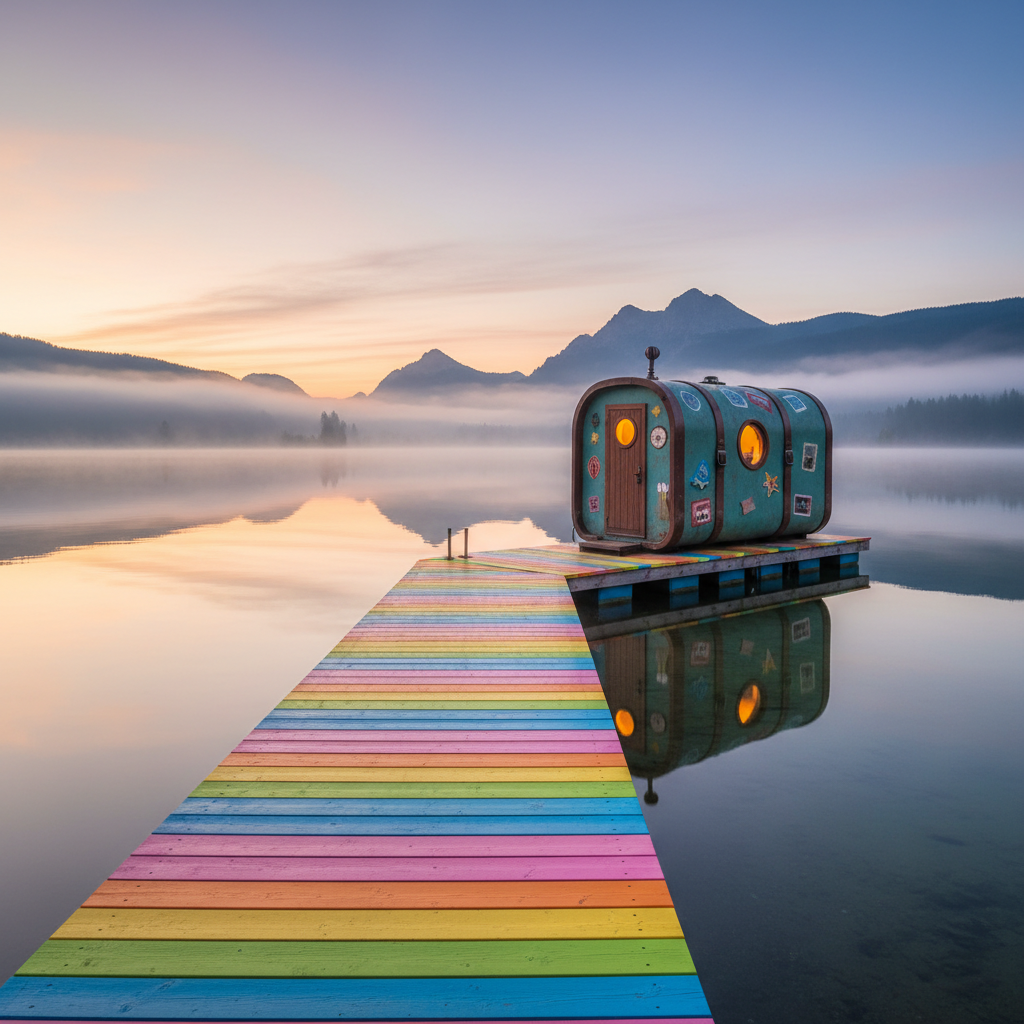A brightly painted wooden dock jutting into a mirror-still lake, each plank painted a different candy color, leading to a small, unusual floating cabin shaped like an oversized suitcase. Mist hangs low over the water at sunrise, with mountains softly silhouetted in the background. The cabin’s surface is adorned with whimsical travel icons and glowing porthole-style windows, their warm light spilling gently onto the water. Captured in photographic realism from a slightly elevated angle, with calm reflections and a wide composition, the scene feels serene yet delightfully odd, suggesting a getaway that’s peaceful but distinctly out of the ordinary.