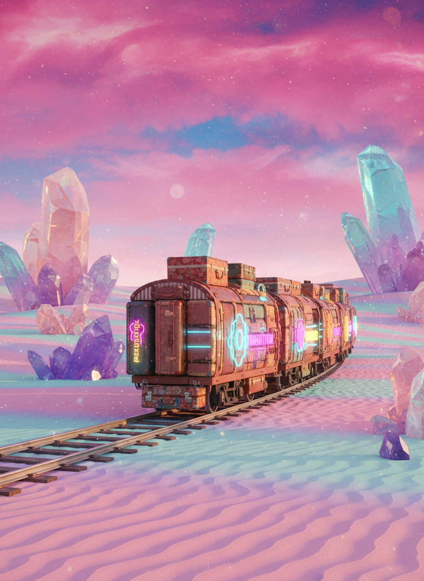 A surreal, ultra-colorful train composed of mismatched vintage luggage pieces and glowing neon signs, snaking through an otherworldly desert of pastel sand dunes and oversized crystalline rock formations. The train’s glossy surfaces reflect soft, late-afternoon sunlight, while the sky shimmers in shades of pink and electric blue. Dust motes catch the light along the tracks, adding a dreamy haze. Shot from a low, three-quarter angle in vivid photographic realism, the composition emphasizes dynamic perspective and depth as the train curves into the distance. The mood is fantastical, playful, and boldly different, evoking travel that bends reality and invites curiosity about impossible destinations.