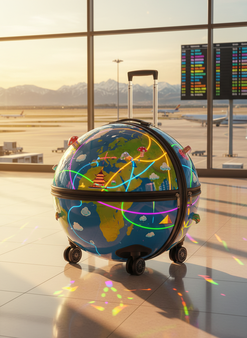 An oversized, vividly colored globe suitcase hybrid, its glossy surface painted with neon flight paths and tiny illustrated landmarks, resting on a polished airport floor near a huge window overlooking runways and distant mountains. Sunlight pours through the glass, creating playful reflections and light streaks on the suitcase and shiny tiles. A departure board in the background is softly blurred, glowing with bright, multicolored destinations. Captured from a slightly low angle in photographic realism, with shallow depth of field and vibrant tones, the image feels energetic, curious, and a little surreal, embodying the idea of trips that twist ordinary travel into something more imaginative and unexpected.