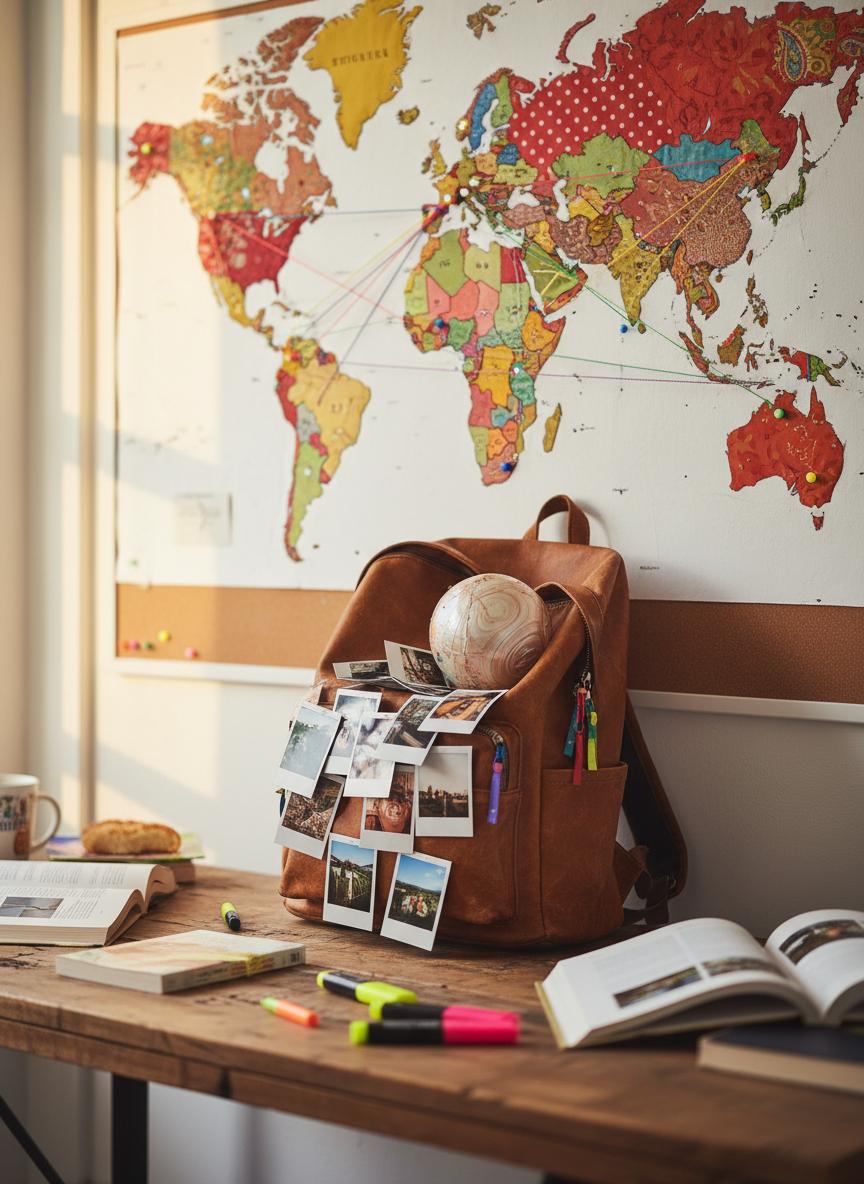 A cozy, quirky travel planning corner with a large, cork world map whose countries are cut from colorful patterned fabrics, pinned with bright string connecting unusual routes. A well-worn leather backpack with rainbow zipper pulls leans against the wall, half-open to reveal a jumble of polaroid-style photos and a tiny iridescent inflatable globe. Warm afternoon light filters through a nearby window, creating gentle highlights on the map pins and soft shadows across a rustic wooden desk scattered with highlighter-marked guidebooks. Photographic realism with an eye-level, slightly angled composition and shallow depth of field creates an intimate, playful atmosphere that celebrates offbeat, personal adventures.